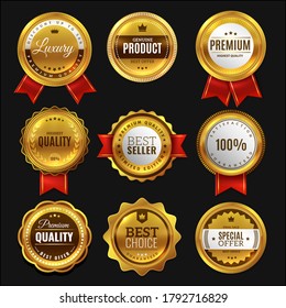 Gold sale badges. Premium golden emblem, luxury genuine and highest quality product badge, best seller offer, round promotion decoration element with red ribbon realistic vector set