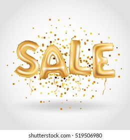 Gold sale balloons background on red store banners, advertising, shopping. Logo, logotype, sign, symbol. Sale text balloons, selling, web banner header. Abstract golden balloon special offer, price