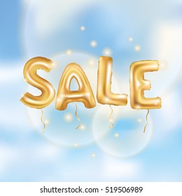 Gold sale balloons background on red store banners, advertising, shopping. Logo, logotype, sign, symbol. Sale text balloons, selling, web banner header. Abstract golden balloon special offer, price