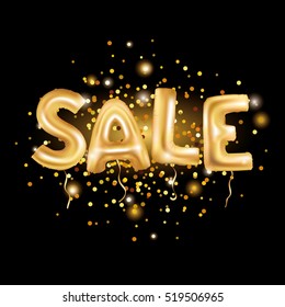 Gold sale balloons background for store banners, advertising, shopping. Logo, logotype, sign, symbol. Sale text balloons, selling, web banner header. Abstract golden balloon for special offer, price