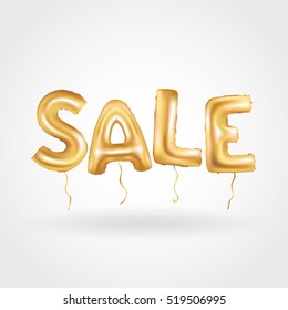 Gold sale balloons background for store banners, advertising, shopping. Logo, logotype, sign, symbol. Sale text balloons, selling, web banner header. Abstract golden balloon for special offer, price