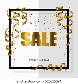 Gold sale in black frame with gold ribbon, serpentine, dust for flyer, poster, shopping, for sale sign, discount, marketing, selling, banner, web, header. Vector illustration. White background.