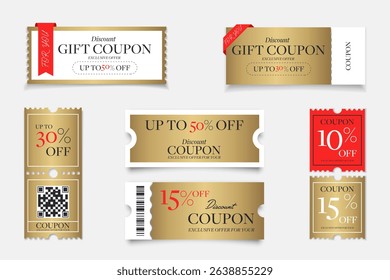 Gold Sale Coupon Isolated set. Premium Vector Discount Price Tag. Gift Png Design. Business Offer Voucher. Concept Label Template Digital Marketing Mockup Layout. Elegant Golden Promotion Ticket.