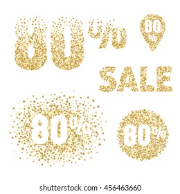 Gold sale design elements and icons. 80% discount tags for flayers, posters, shopping, banners, coupons.