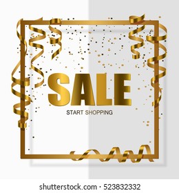 Gold sale in gold frame with gold ribbon, serpentine, dust for flyer, poster, shopping, for sale sign, discount, marketing, selling, banner, web, header. Vector illustration. White background.