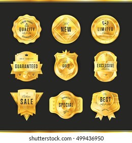 Gold sale medal. Realistic elegant, glossy golden sale frame badge and label vector collection. Achievement award and special offer promotion material luxury royal design illustration. Isolated set
