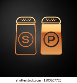 Gold Salt and pepper icon isolated on black background. Cooking spices.  Vector Illustration