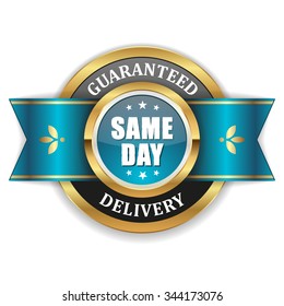 Gold same day delivery badge with light blue ribbon