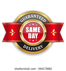 Gold same day delivery badge with red ribbon