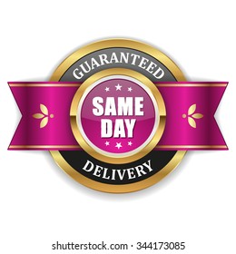 Gold same day delivery badge with purple ribbon
