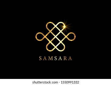 Gold Samsara icon. Guts of Buddha, The bowels of Buddha. The Endless knot or Eternal knot, happiness node, symbol of inseparability and dependent origination of existence and all phenomena in Universe