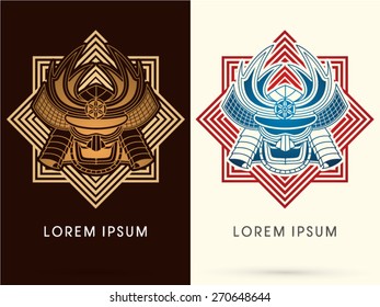 Gold Samurai mask, Head, Face , on square graphic background, logo, symbol, icon, graphic, vector.