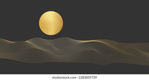 Gold sand dunes, line geometric landscape vector illustration. Abstract minimal zen pattern of waves or peaceful hills under sun, natural panorama with golden luxury texture on black background