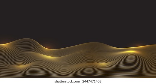 Dunas de arena dorada, Ilustración vectorial geométrica de líneas. Abstractas patrón zen mínimo de olas o colinas tranquilas, panorama natural con textura dorada de lujo sobre fondo negro.