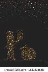 Gold Santa Claus silhouette at black background. Vector christmas card. Santa gift.