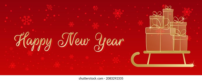 Dorada Santa sleigh con cajas de regalo sobre fondo rojo con copos de nieve. Feliz Año Nuevo.