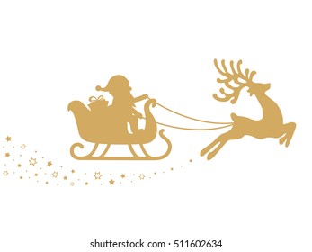 gold santa sleigh stars white background