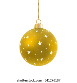 Gold satin bauble with stars hanging on a chain isolated on white.