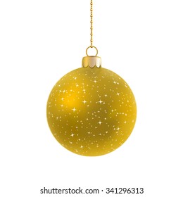 Gold satin bauble with stars hanging on a chain isolated on white.