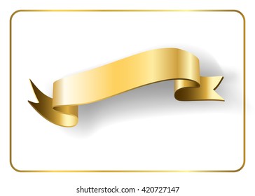 Gold satin empty ribbon. Golden blank banner. Design decoration element, isolated on white background. Vintage retro style. Template flag, greeting, card. Symbol guarantee product. Vector illustration