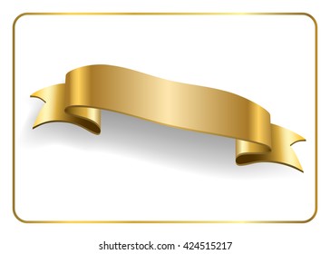 Gold satin empty ribbon. Golden blank banner. Design decoration element, isolated on white background. Vintage retro style. Template flag, greeting, card. Symbol guarantee product. Vector illustration