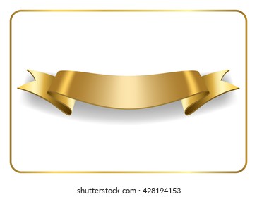 Gold satin empty ribbon. Golden blank banner. Design decoration element, isolated on white background. Vintage retro style. Template flag, greeting, card. Symbol guarantee product. Vector illustration