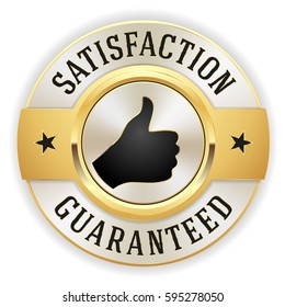 Gold satisfaction guaranteed badge / button with white border on white background