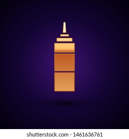 Gold Sauce bottle icon isolated on dark blue background. Ketchup, mustard and mayonnaise bottles with sauce for fast food.  Vector Illustration