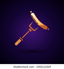 Gold Sausage on the fork icon isolated on dark blue background. Grilled sausage and aroma sign.  Vector Illustration