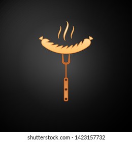 Gold Sausage on the fork with steam icon isolated on black background. Grilled sausage and aroma sign. Vector Illustration