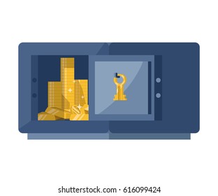 Gold in save, iron safe with big heap of golden coin inside, Accumulation money, isometric vector illustration