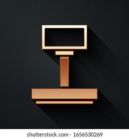 Gold Scale icon isolated on black background. Logistic and delivery. Weight of delivery package on a scale. Long shadow style. Vector Illustration