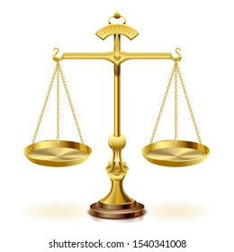 Gold scale of justice on white background.