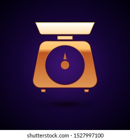 Gold Scales icon isolated on dark blue background. Weight measure equipment.  Vector Illustration