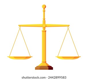 Gold scales isolated on white background. Weight measuring with empty bowls. Balanced scales. Justice, measurement, choice and balance concept. Flat vector illustration