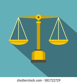 Gold scales of justice icon. Flat illustration of gold scales of justice vector icon for web isolated on baby blue background