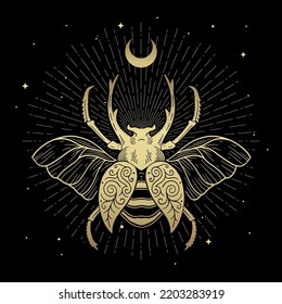 Gold Scarab Bug Symbol Spreading Wings Decorated With Crescent Moon