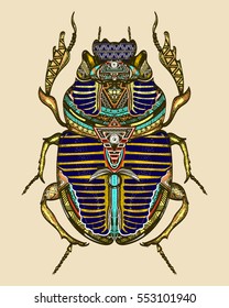 Gold scarab color tattoo, ancient Egypt art. Spiritual symbol of pharaoh, god Ra, t-shirt design. Egyptian sacred bug gold scarab, symbol of the sun 