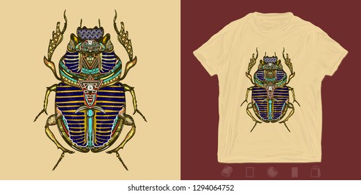 Gold scarab. Print for t-shirts and another, trendy apparel design. Egyptian sacred bug gold scarab, symbol of sun 