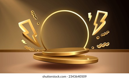 Gold scene mega sale, danger podium banner, golden night pedestal. Vector illustration