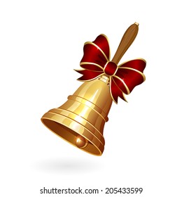 Gold school bell with red bow isolated on white background, illustration.