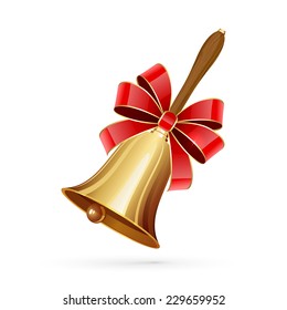Gold school bell with red bow isolated on white background, illustration.