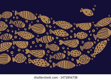 Gold school of fish. Nice decorative illustration.Vector sea poster.