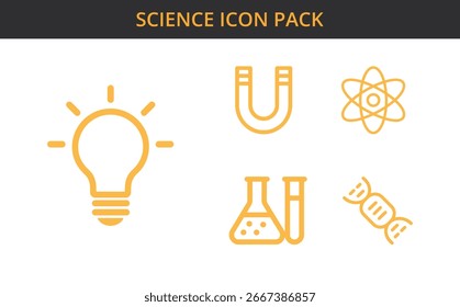 Conjunto de iconos de ciencia de oro con una bombilla, imán, átomo, frasco y ADN sobre fondo blanco, ideal para ilustrar conceptos e innovaciones de ciencia en varios proyectos.