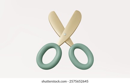 Gold scissors 3D icon hairdressing accessory of barbershop and paper cut education work office sharp tool isolated pastel on background. design cartoon style object element 3d vector illustration