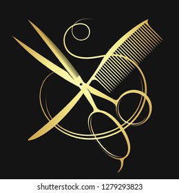 Gold scissors and comb with hair