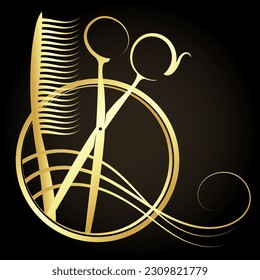 Gold scissors comb and hair curl in a round frame. Design for a beauty salon