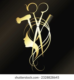 Gold scissors comb hair dryer and curl hair