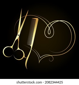 Gold scissors, comb and heart. Symbol for beauty salon and hairdresser