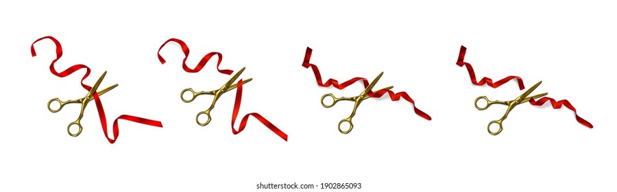 Las tijeras de oro cortaron arcos rojos y cintas de rizo. Elementos festivos para envolver caja de regalo, ceremonia de apertura, regalo de cumpleaños o diseño de tarjeta de invitación aislado en fondo blanco. Conjunto de vectores 3d realista